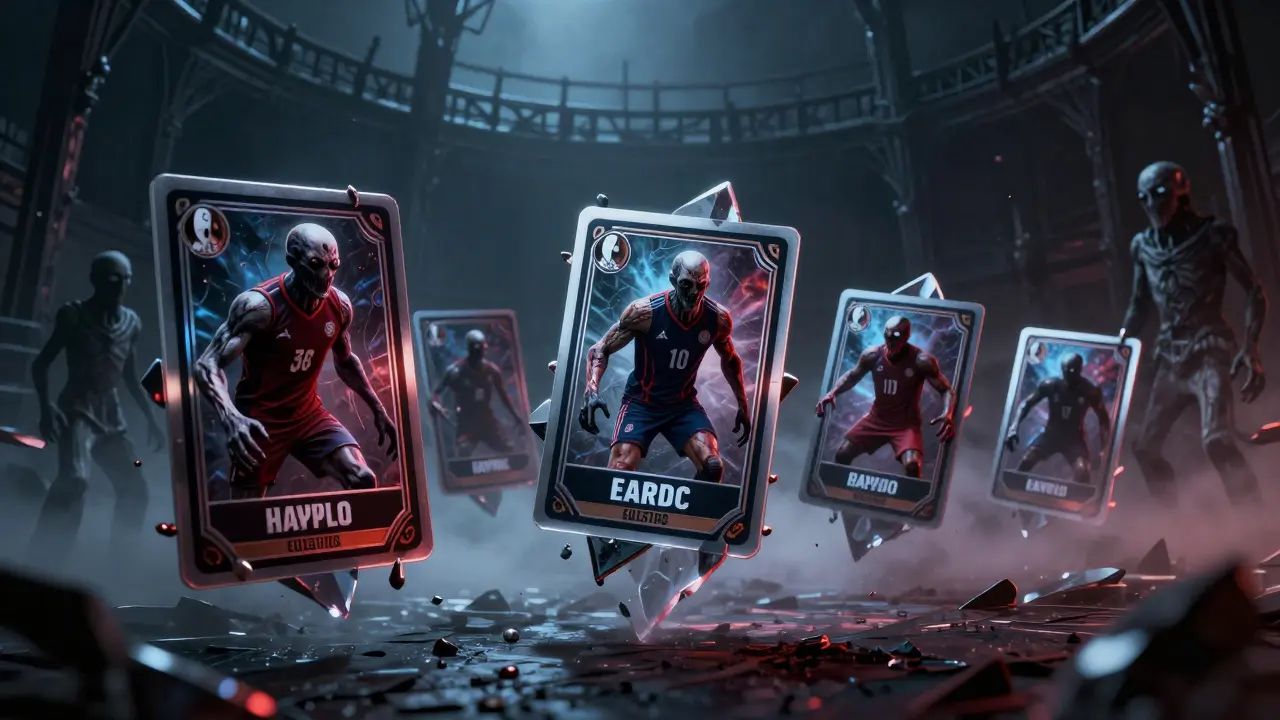 Cartes NFT de sport macabres et athlètes monstrueux dans un stade gothique brumeux.