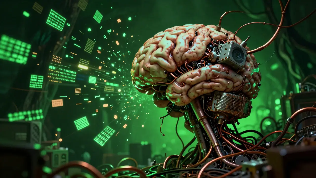 Cerveau fusionné avec du matériel informatique illustrant la complexité algorithmique.