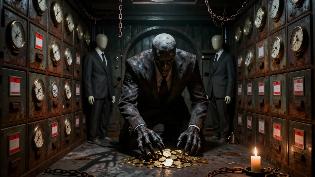 Coffre-fort gothique sombre avec horloges. Monstre de dossiers menace des pièces d'or symbolisant les amendes et les risques réglementaires.