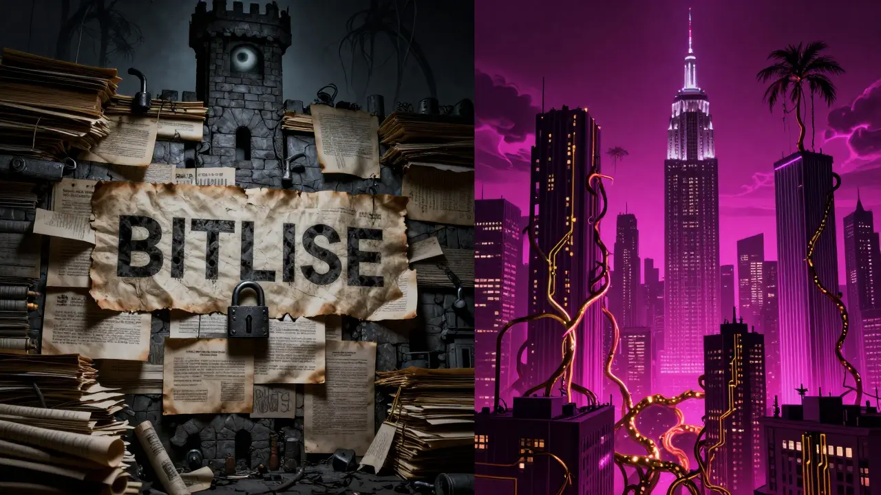 Contraste horrifique entre la forteresse bureaucratique de New York et le paysage néon distordu de la Californie.