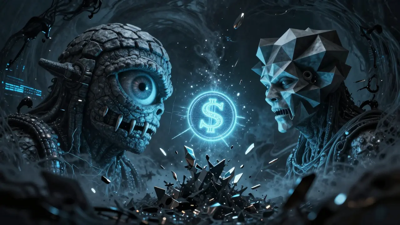 Deux créatures cauchemardesques représentant la RBI et la SEBI autour d'une e-Rupee.