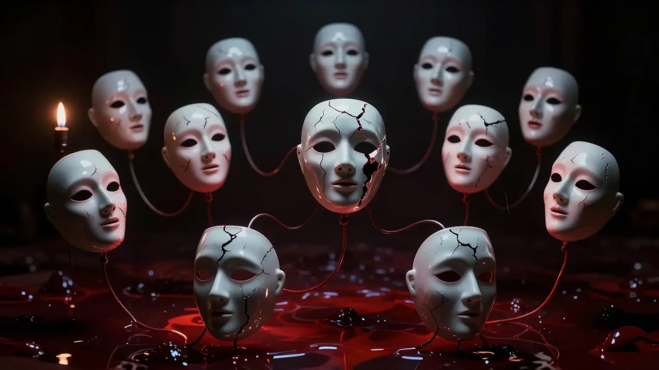 Dix masques de porcelaine brisés reliés par des câbles organiques dans un liquide noir.