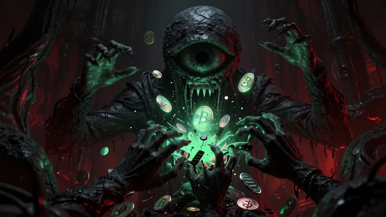 Entité monstrueuse brisant des jetons cryptographiques et des stablecoins fragiles.