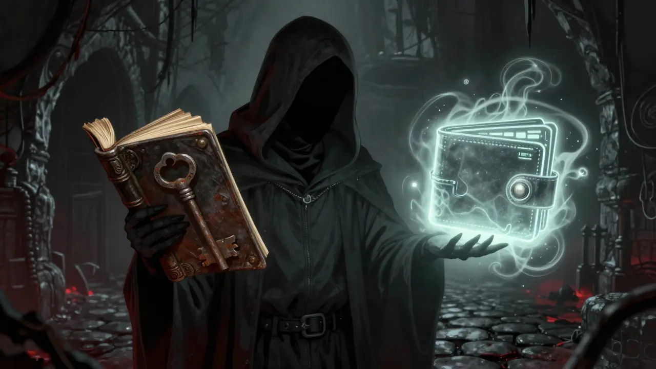 Entité sans visage gardant un portefeuille numérique spectral dans un donjon.