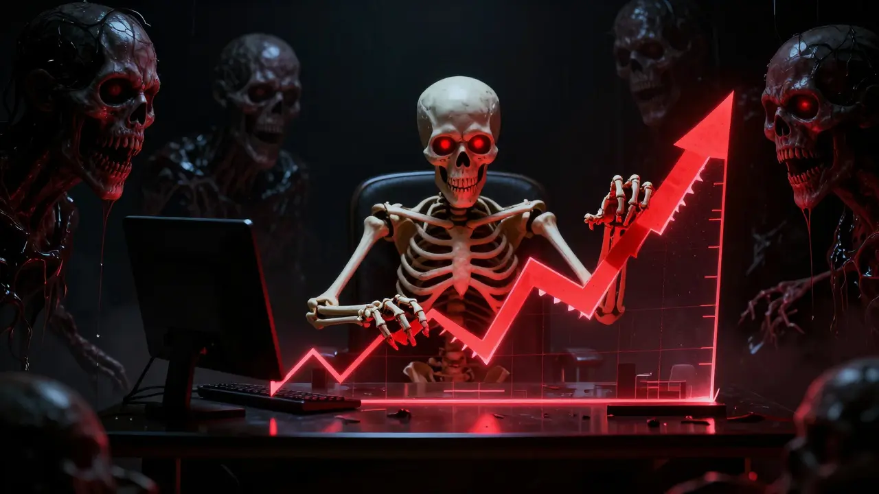 Figure squelettique manipulant un graphique financier rouge et menaçant.