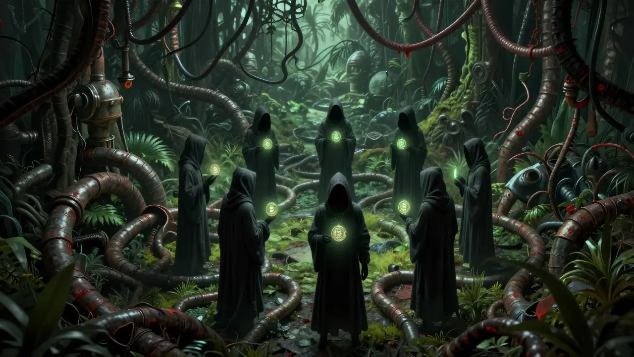 Figures sans visage dans un labyrinthe de câbles sombres représentant le manque de transparence.