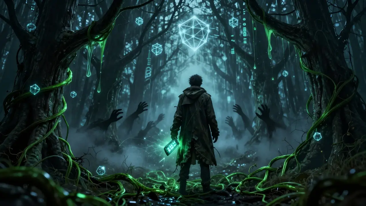 Forêt numérique sombre aux arbres blockchain. Voyageur encerclé par des vignes de données toxiques et des mains d'ombre sortant du brouillard.