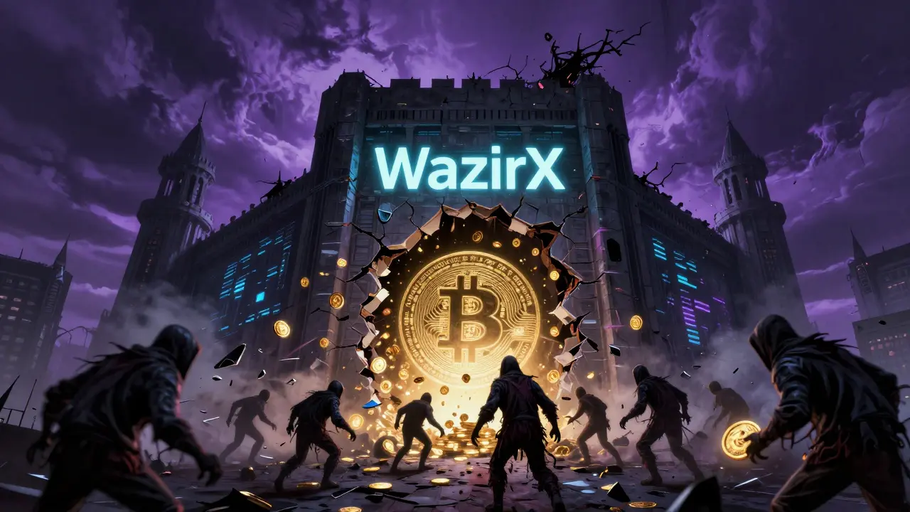 Forteresse numérique en ruine attaquée par des monstres d'ombre volant des cryptomonnaies.