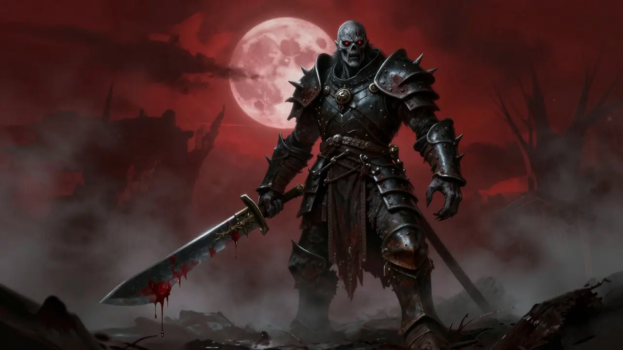 Guerrier orc décrépit en armure noire sous une lune rouge sang.