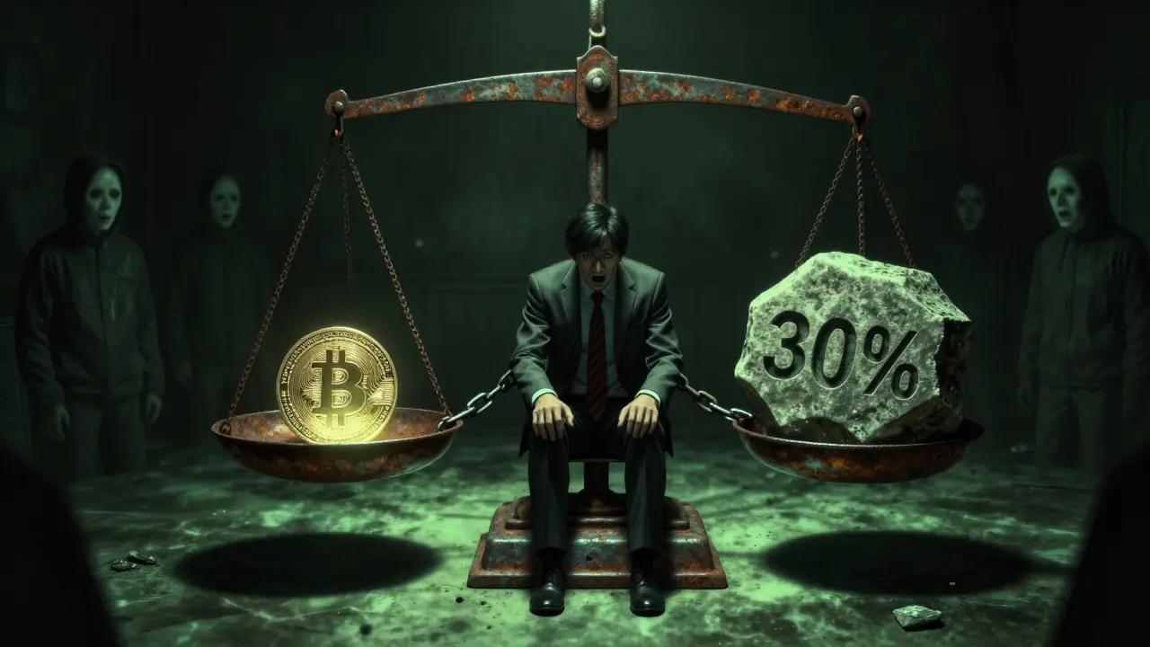 Investisseur enchaîné à une balance fiscale monstrueuse symbolisant la taxe de 30%.