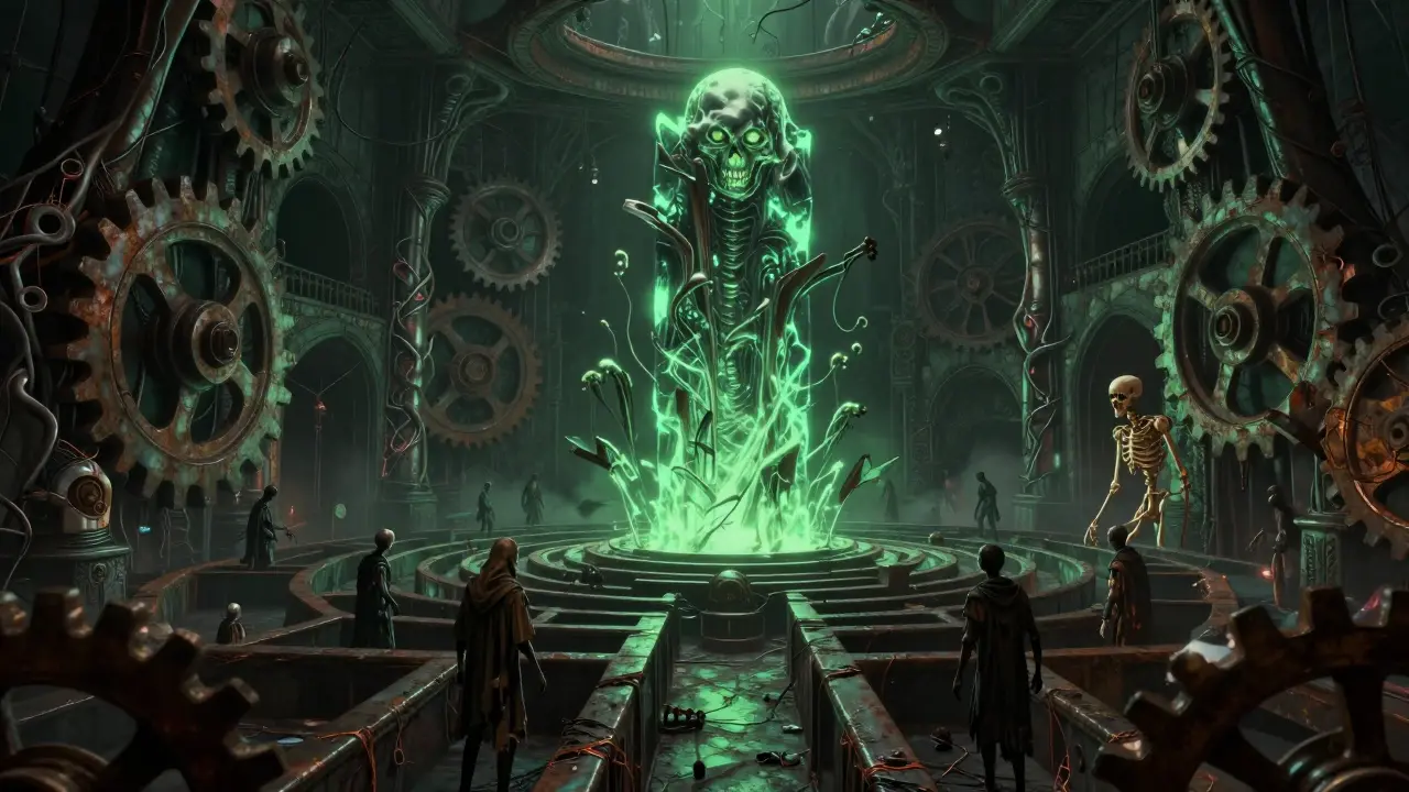 Labyrinthe gothique et biomecanique représentant un échange décentralisé.