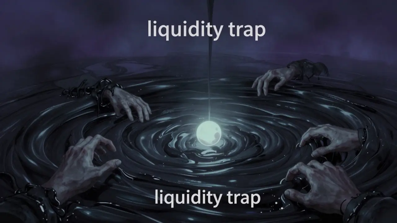 Mains spectrales entraînant un jeton lumineux dans un abysse de liquidité sombre.