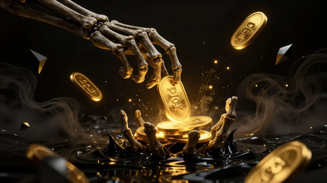 Mains squelettiques émergeant d'un abîme tenant des jetons POLO dorés.