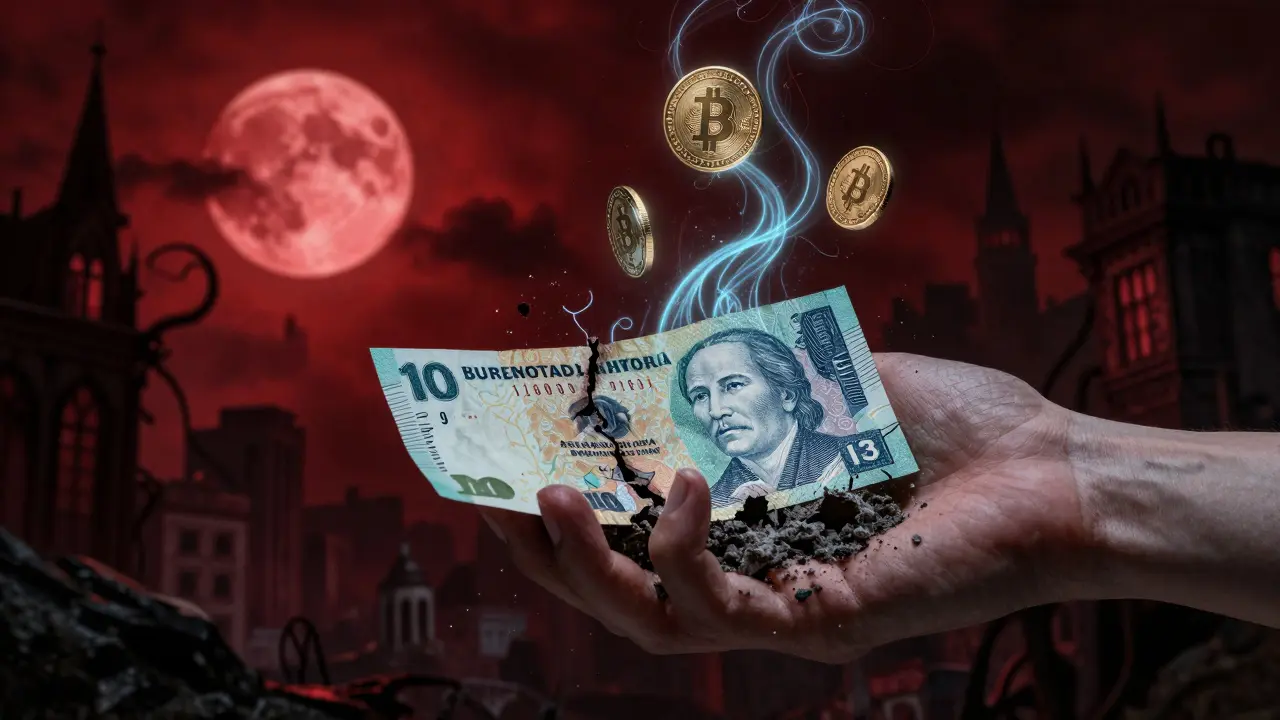 Monnaie bolivienne se transformant en symboles numériques spectraux sous un ciel rouge.
