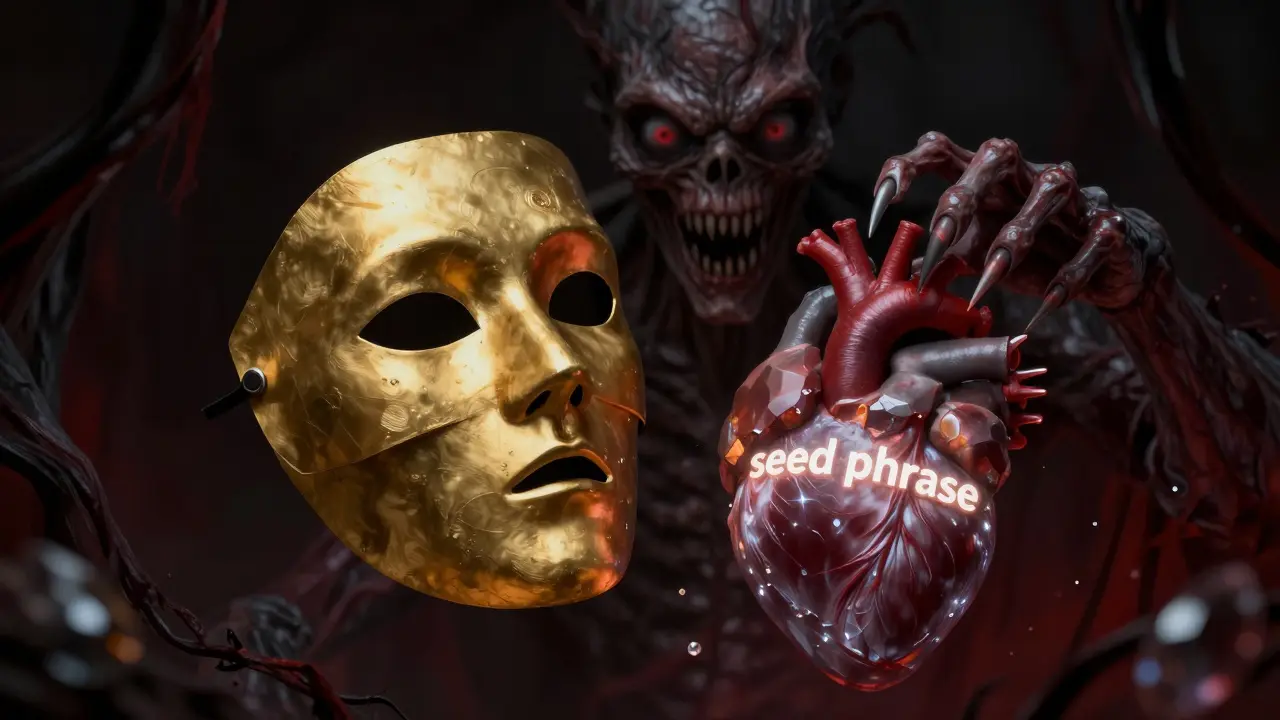 Monstre caché derrière un masque doré tentant de voler une clé privée.