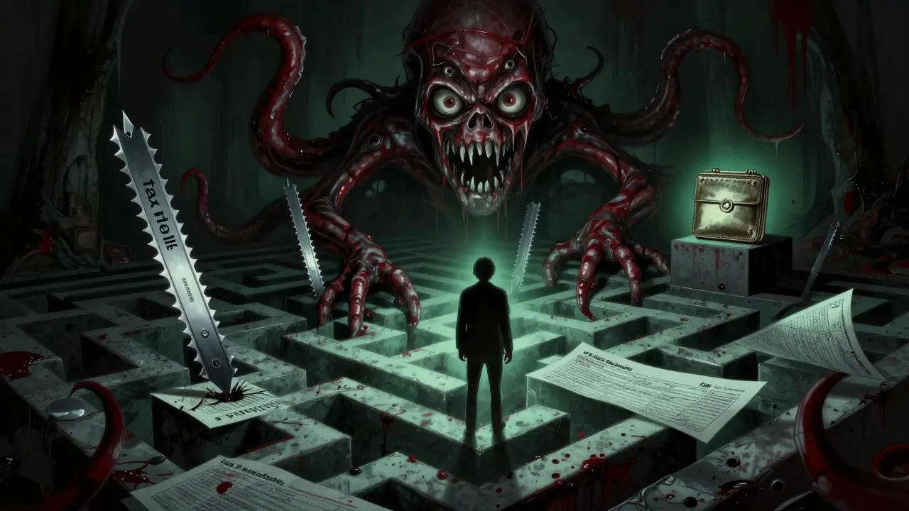 Personne piégée dans un labyrinthe de formulaires fiscaux menaçants avec un portefeuille matériel au loin.