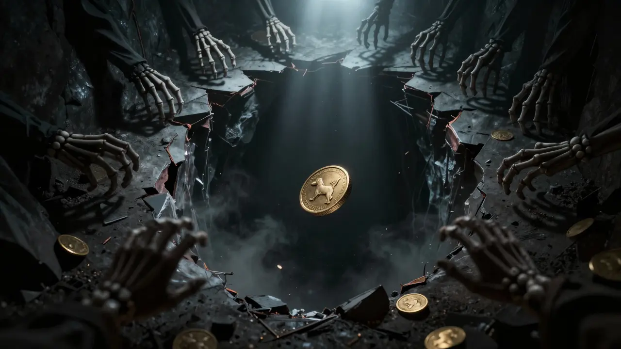 Pièce de monnaie tombant dans un abîme noir entouré de mains squelettiques.