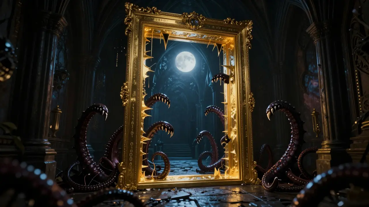 Portail doré trompeur avec des tentacules de code numérique dans un couloir gothique.