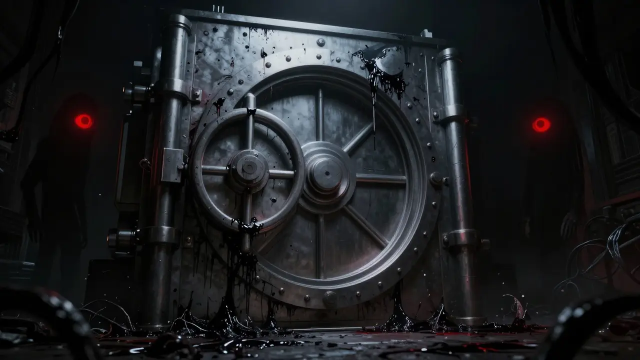 Portail numérique décrépit entouré d'ombres menaçantes symbolisant les risques de sécurité.