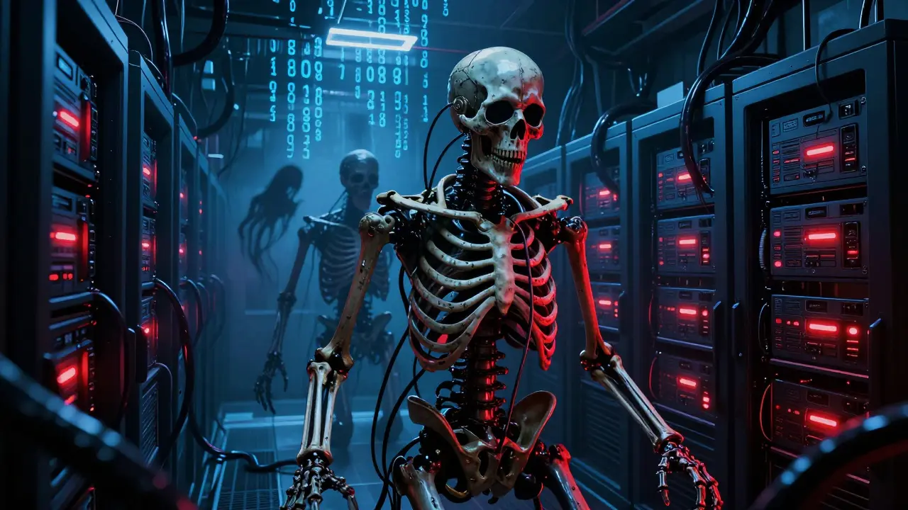 Serveurs de minage de Bitcoin ressemblant à des côtes squelettiques dans un centre de données sombre