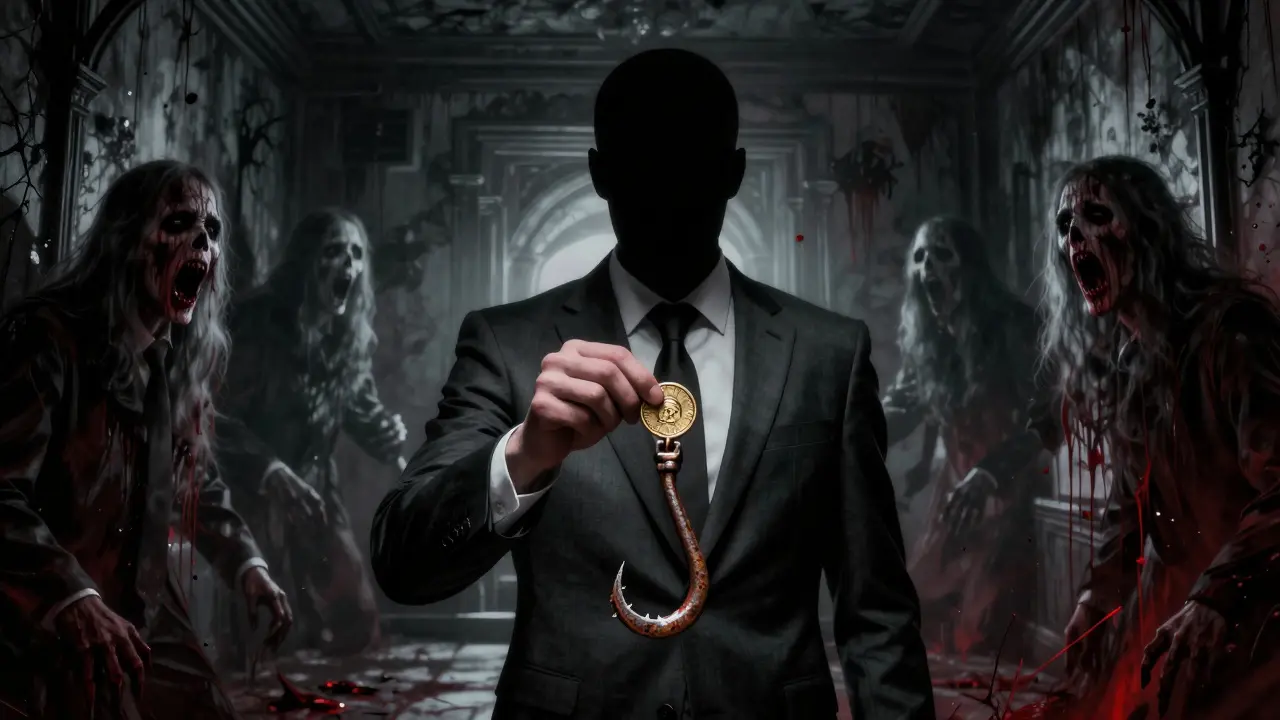 Silhouette sinistre tenant une pièce d'or en forme de crochet dans une pièce gothique sombre.