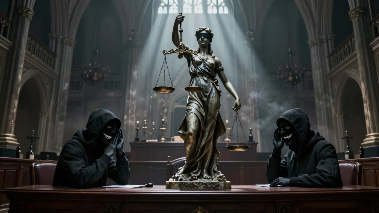 Statue de justice gothique entourée d'entités sombrares représentant les arnaques crypto.