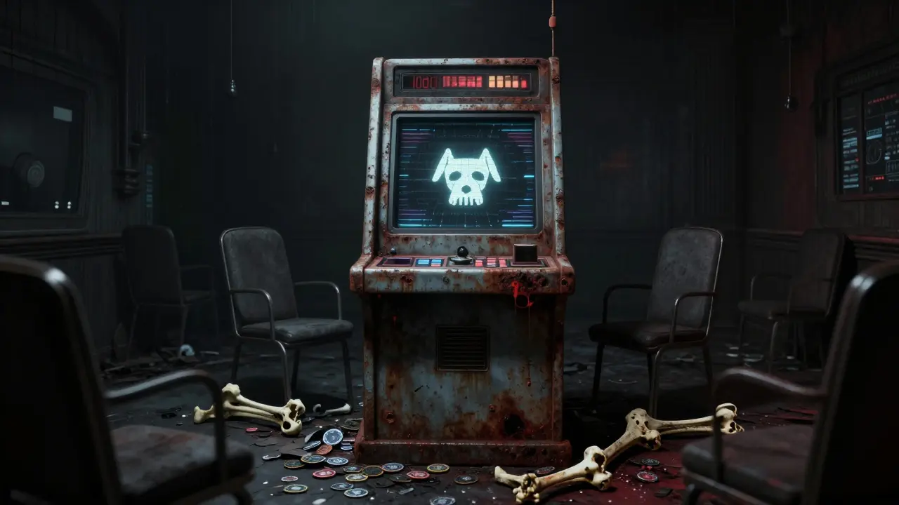 Terminal informatique rouillé et lugubre dans un casino numérique abandonné.