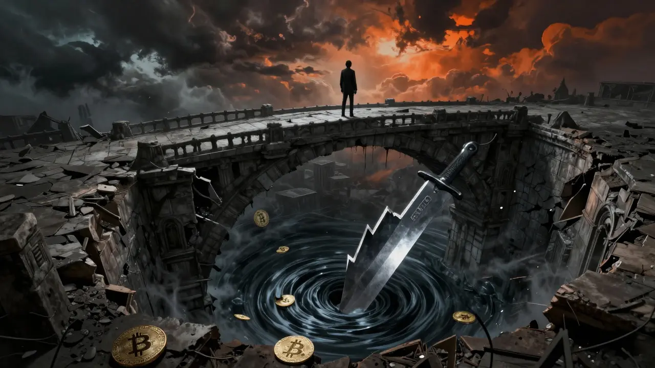 Un abîme financier sombre avec un graphique en forme de lame et un vortex de tokens.