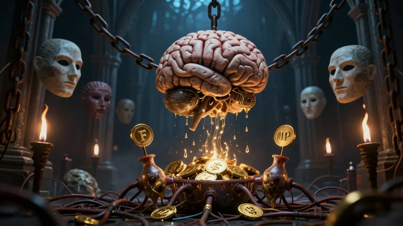 Un cerveau biomécanique sombre fusionnant l'IA et la DeFi dans une atmosphère gothique.