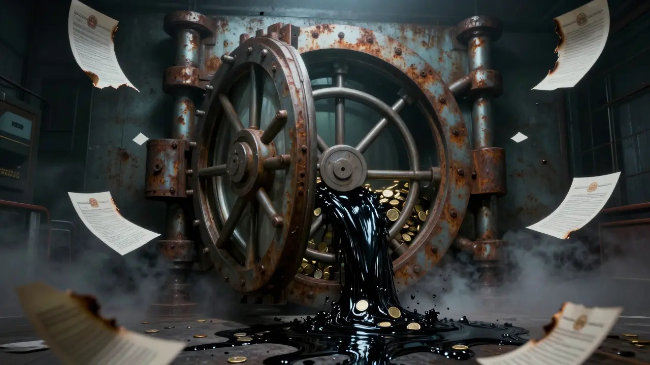 Un coffre-fort rouillé laissant s'échapper un liquide noir et visqueux.