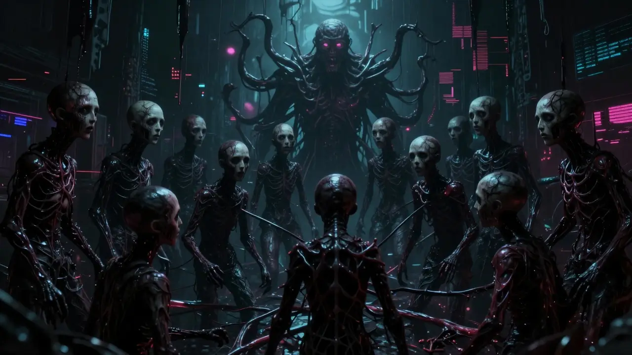 Un contrôleur maléfique manipulant des marionnettes grotesques via des veines noires.