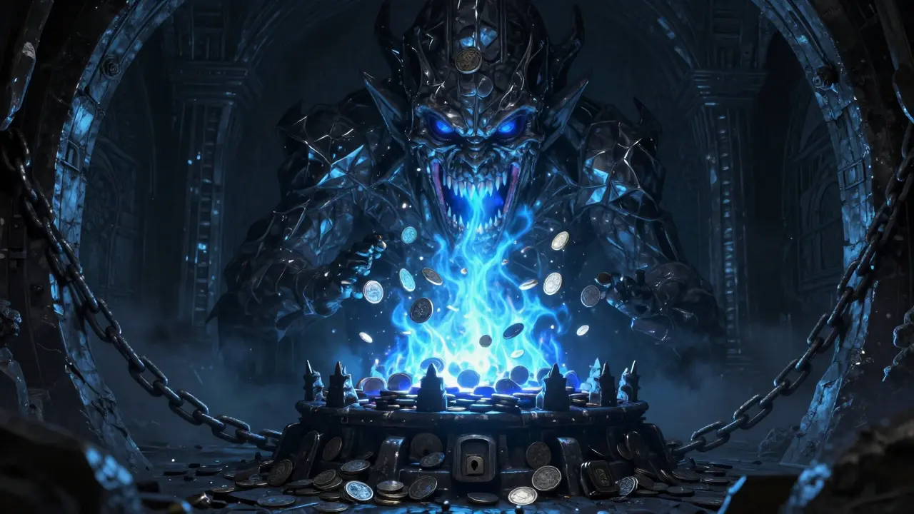 Un fourneau gothique monstrueux brûlant des jetons dans un caveau sombre.