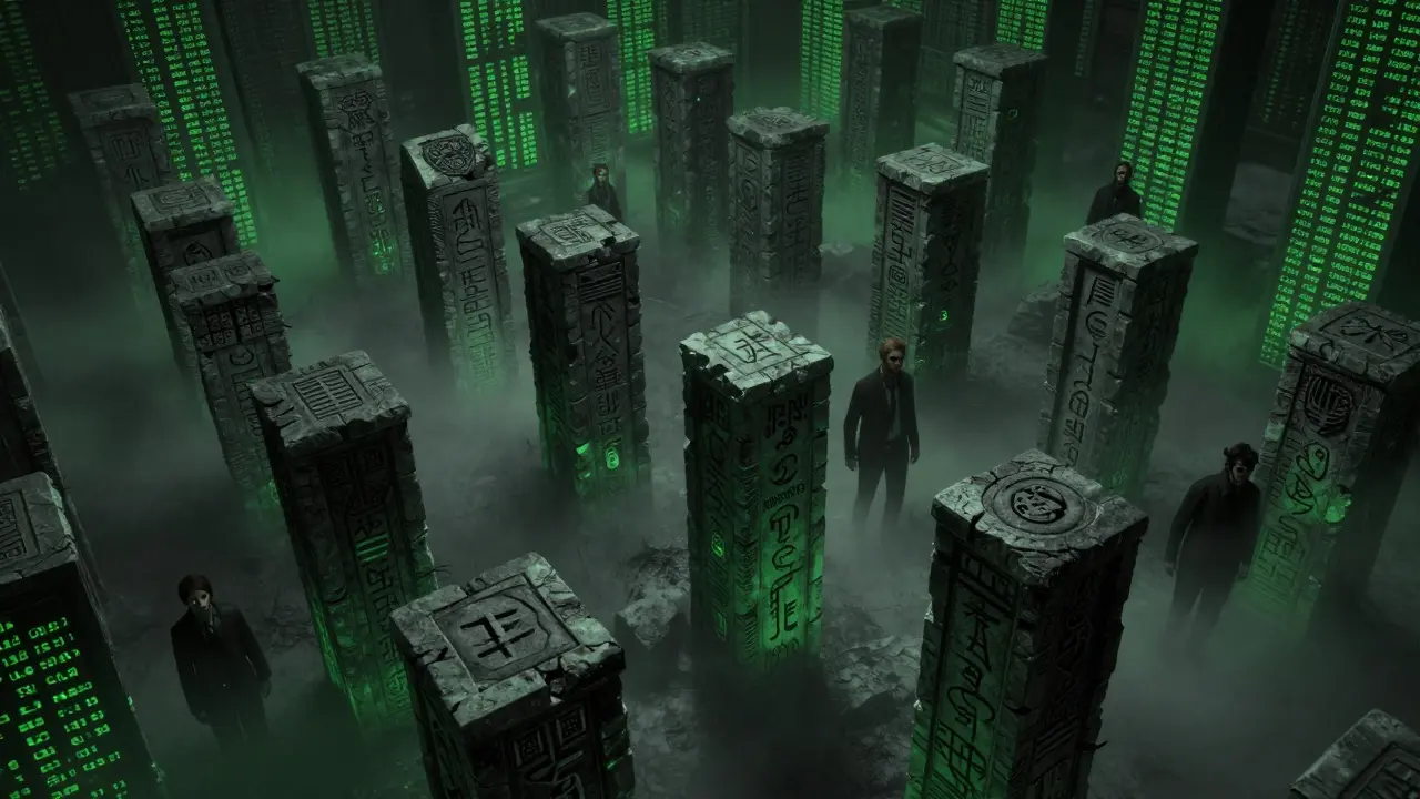 Un labyrinthe numérique surréaliste avec des piliers décomposés et une ambiance inquiétante.