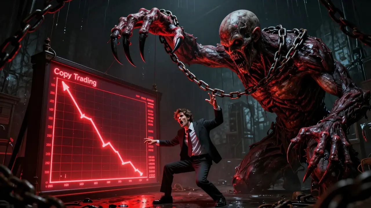 Un monstre contrôlant un trader comme une marionnette avec des chaînes rouillées.