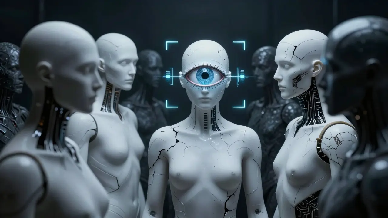Un œil biométrique scannant des humains synthétiques à la peau craquelée.