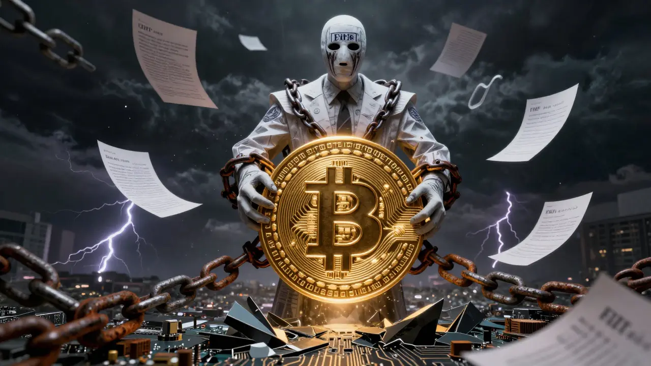 Une entité bureaucratique monstrueuse enchaînant un symbole Bitcoin doré