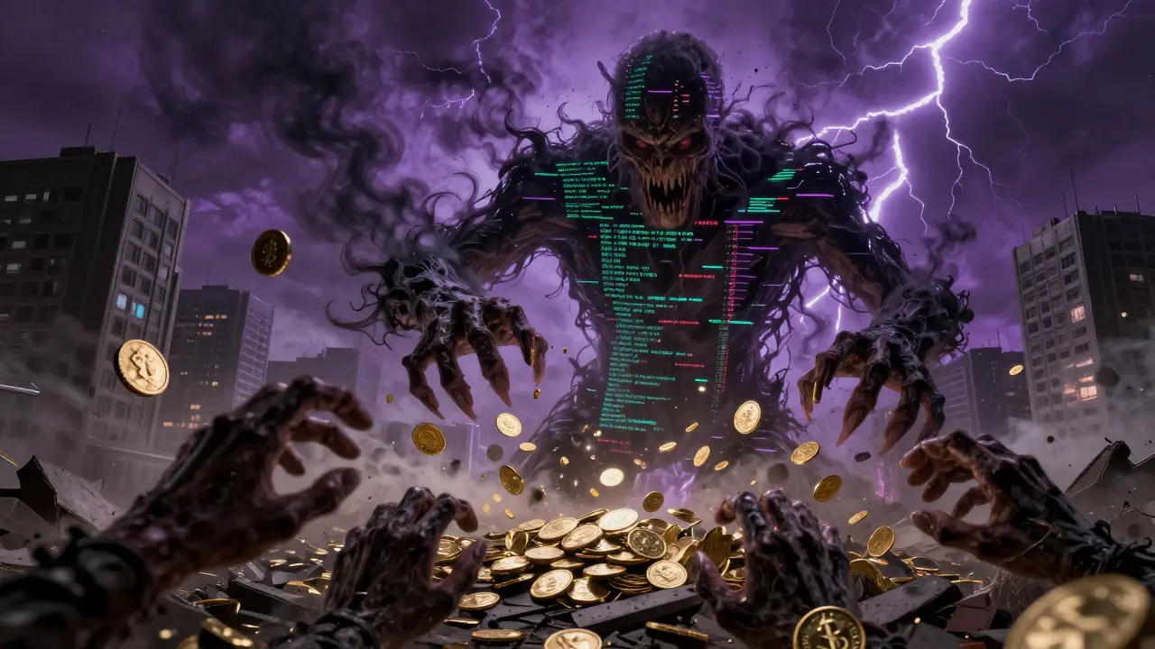 Une entité monstrueuse manipulant des pièces d'or dans un paysage numérique apocalyptique.