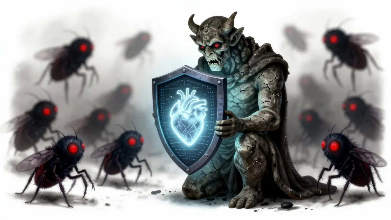 Une gargouille protégeant un cœur lumineux contre des créatures d'ombre symbolisant les arnaques.