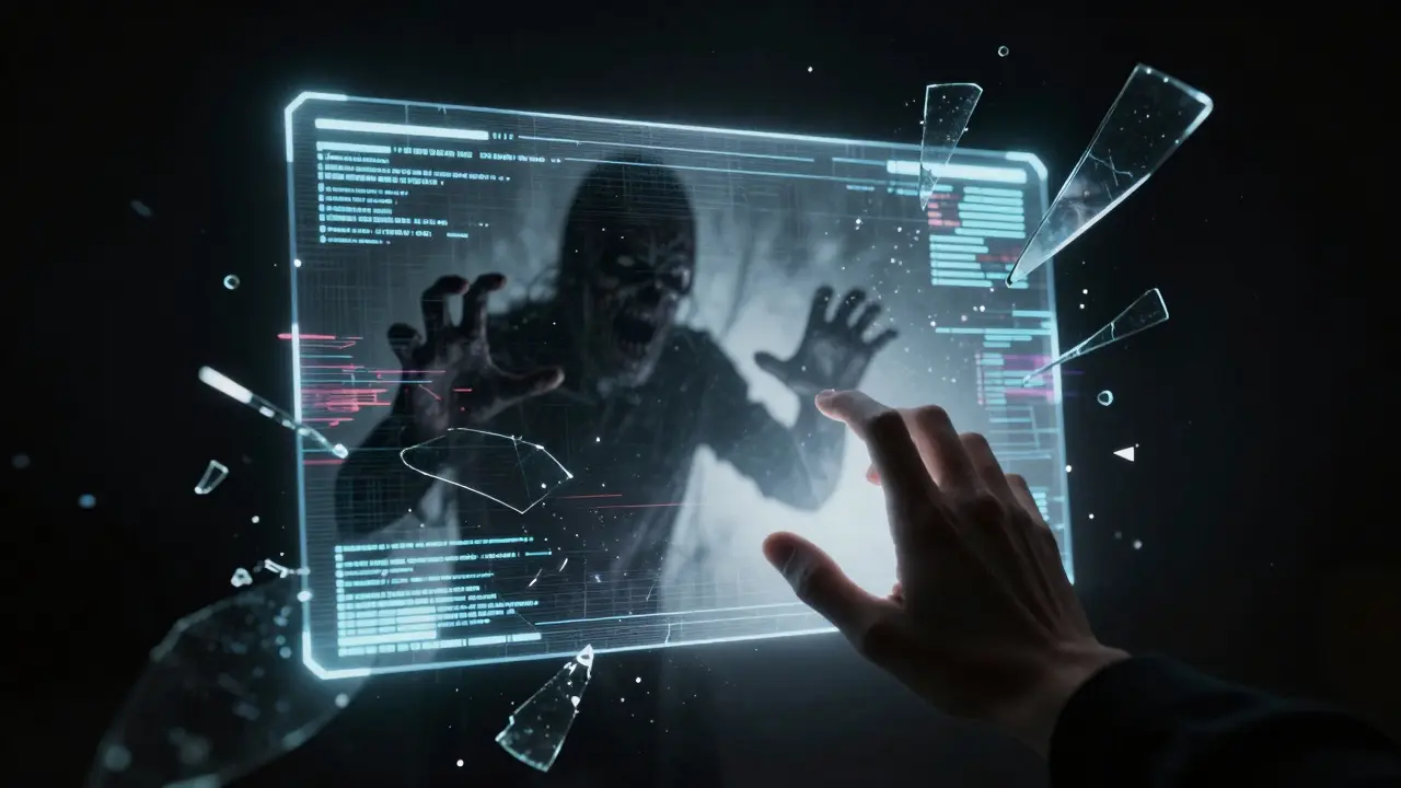 Une main devant un écran dont le reflet révèle une entité sombre et menaçante.