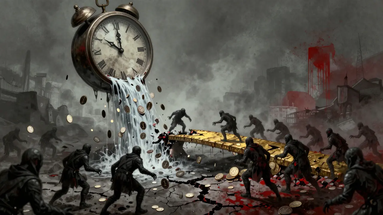 Une pluie de pièces noires décomposées s'écrasant sur un paysage apocalyptique.