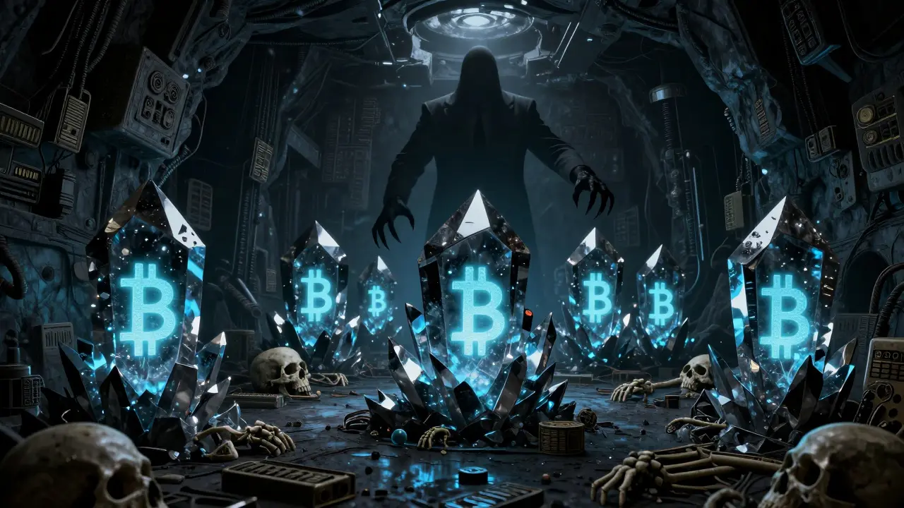 Voûte souterraine sombre où des cryptomonnaies spectrales sont enfermées dans des cristaux d'obsidienne.