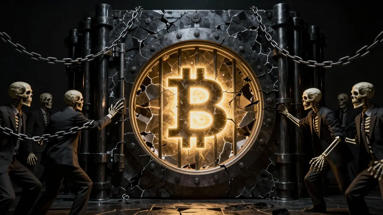 Bitcoin effrayant émergeant d'un coffre-fort gouvernemental brisé dans l'obscurité