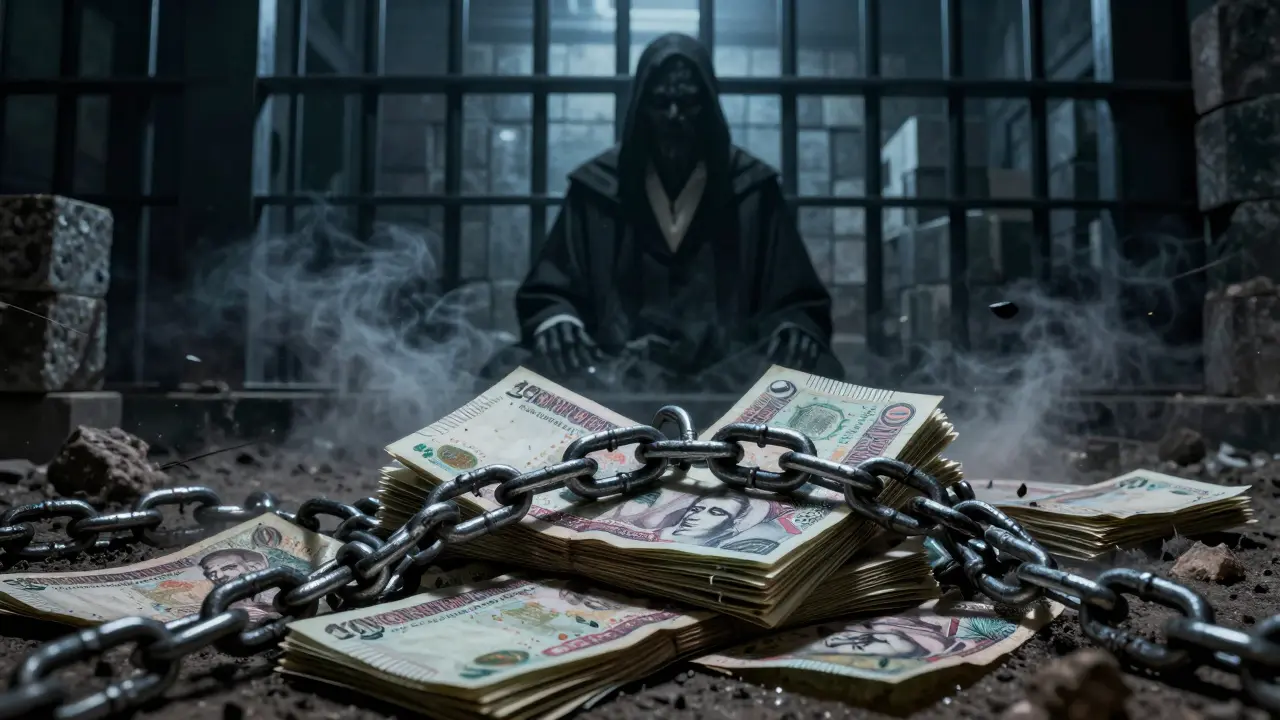 Chains et billets égyptiens se transformant en cendres dans l'obscurité