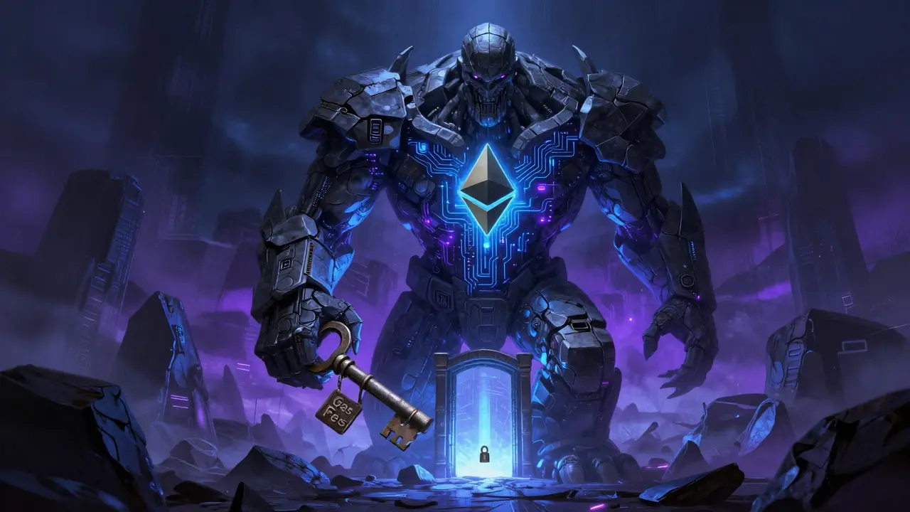 Golem de pierre et circuits gardant la porte du réseau Ethereum