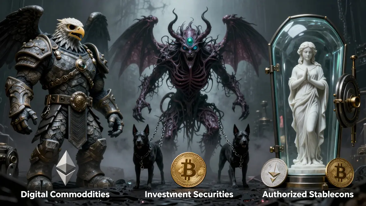 Illustration sombre : trois monstres représentant les catégories d'actifs cryptos sous la nouvelle loi.