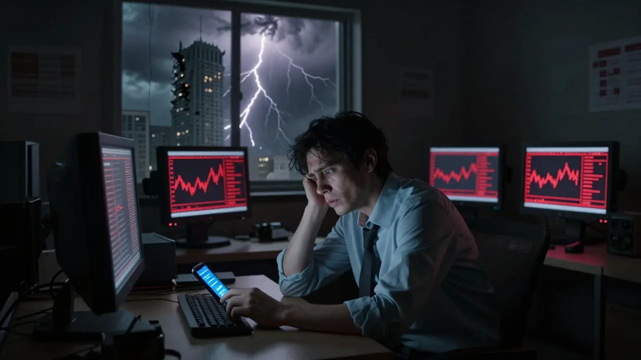 Investisseur anxieux regardant ses pertes sur son téléphone dans une pièce sombre