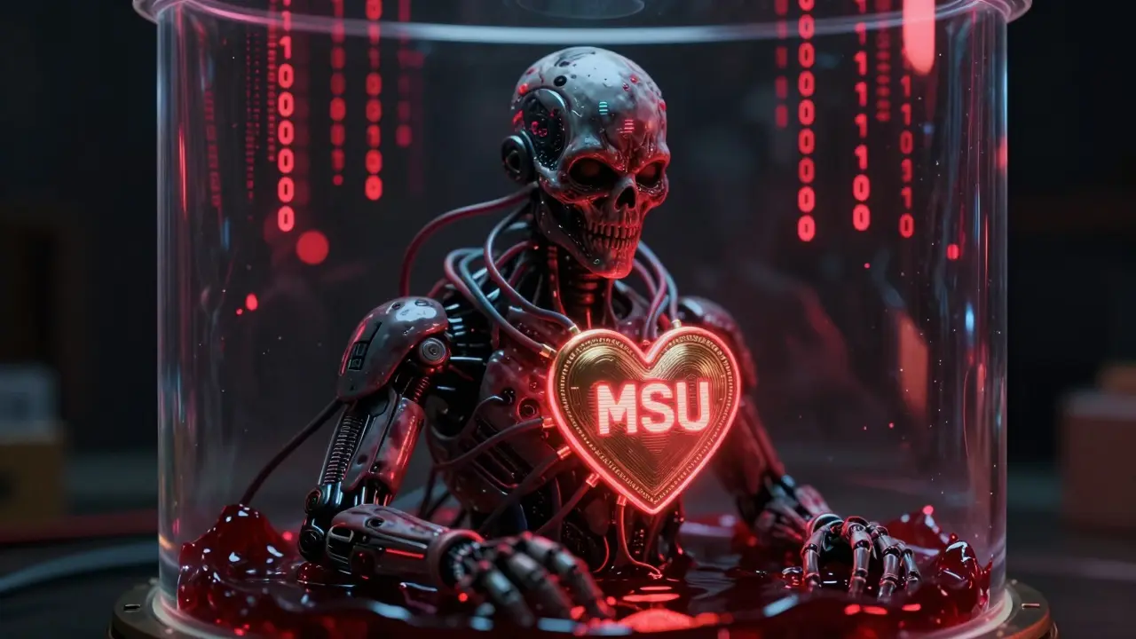Joueur NFT cyborg grotesque émergeant d'un liquide sombre et visqueux