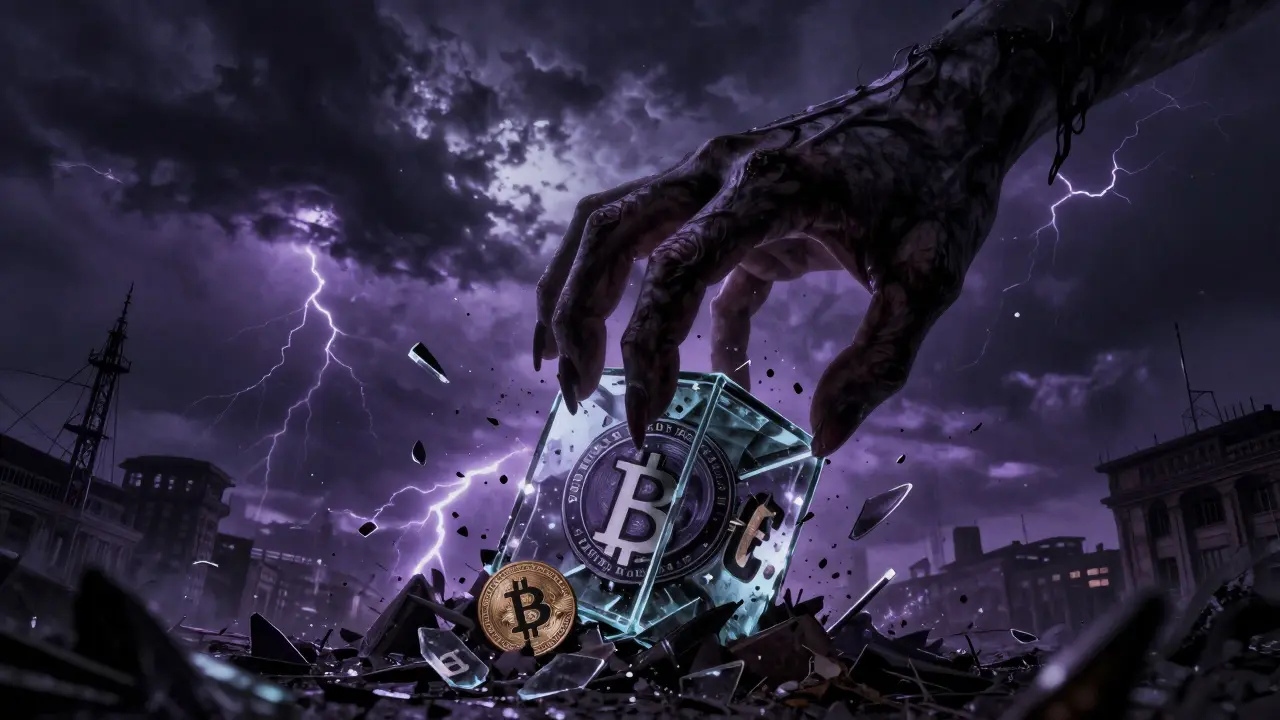 Main géante écrasant des symboles crypto dans un style horrifique