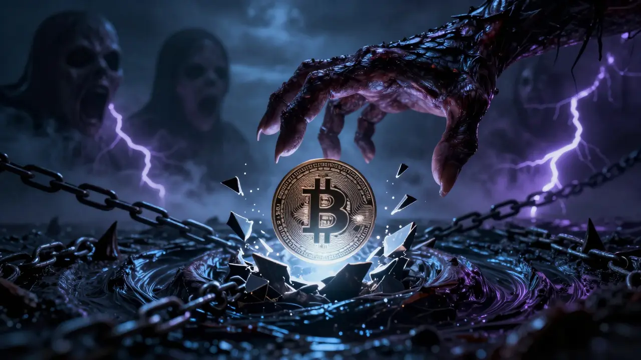 Main monstrueuse attrapant un jeton crypto dans une scène de phishing effrayante