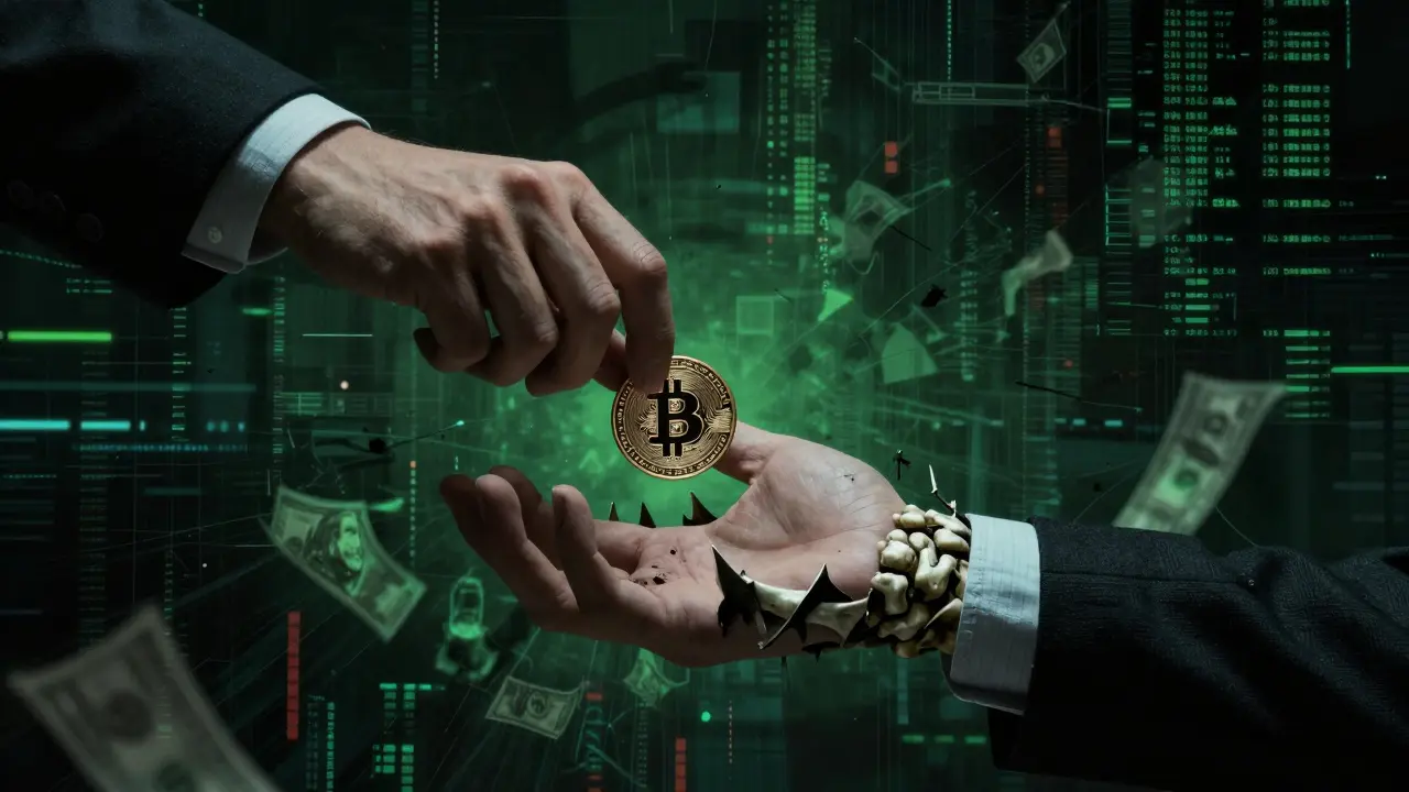 Main piégée par une pièce Bitcoin transformée en griffe squelettique